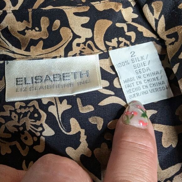 Vtg 1990s Elisabeth Black Tan Leopard Print 100% Silk Button Up Tunic Blouse 2X - Picture 4 of 4